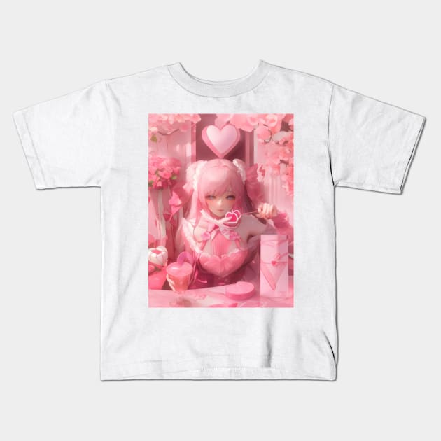 Beautiful anime girl on valentine's day Kids T-Shirt by Spaceboyishere